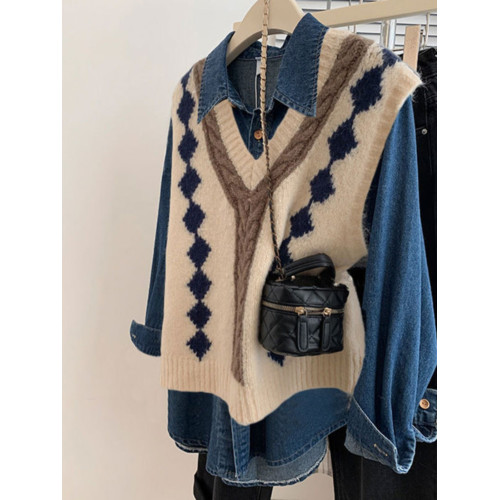 內搭曡穿牛仔襯衫針織馬甲套裝女2025秋冬新款復古港風上衣兩件套