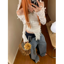 The HangYi/夏季原創連帽蕾絲蝴蝶結性感顯瘦打底連體衣打底衫女