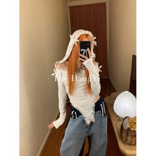 The HangYi/夏季原創連帽蕾絲蝴蝶結性感顯瘦打底連體衣打底衫女