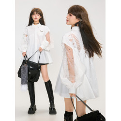 KEIKO 解搆設計白色拼紗燈籠袖襯衫2026春季新款蝴蝶刺綉露背上衣