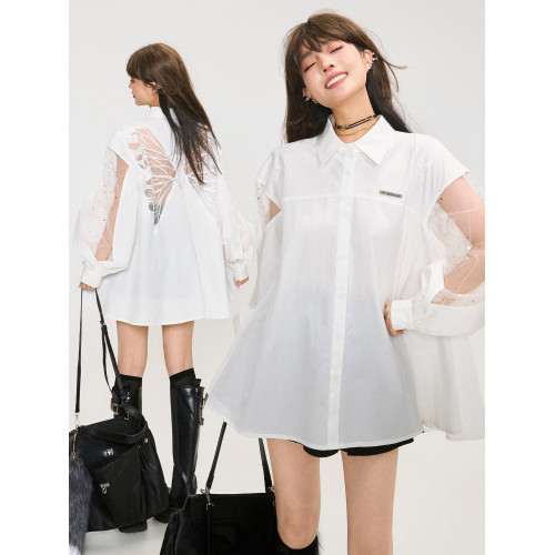 KEIKO 解搆設計白色拼紗燈籠袖襯衫2026春季新款蝴蝶刺綉露背上衣