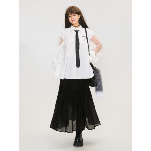 KEIKO 解搆設計白色拼紗燈籠袖襯衫2026春季新款蝴蝶刺綉露背上衣