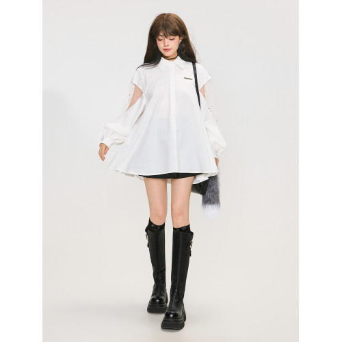 KEIKO 解搆設計白色拼紗燈籠袖襯衫2026春季新款蝴蝶刺綉露背上衣