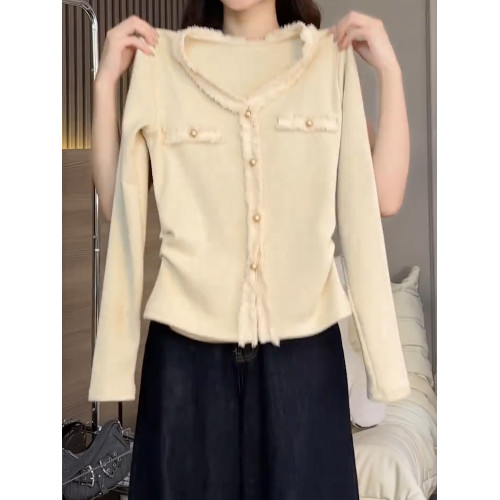 2026秋季新品杏色V領長袖T恤女純色高級氣質小衆質感顯瘦減齡上衣