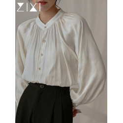 白杏色緞面燈籠袖襯衫女春季新款設計感小衆上衣法式復古立領襯衣