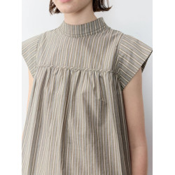 日系復古竪條紋立領小飛袖棉麻無袖襯衫女夏季鹽系穿搭別致上衣潮