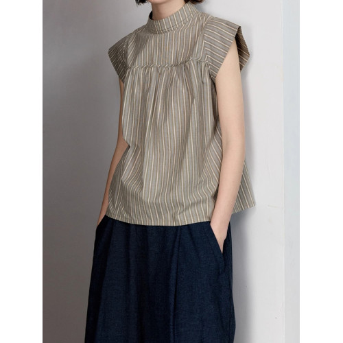 日系復古竪條紋立領小飛袖棉麻無袖襯衫女夏季鹽系穿搭別致上衣潮 日系復古竪條紋立領小飛袖棉麻無袖襯衫女夏季鹽系穿搭別致上衣潮