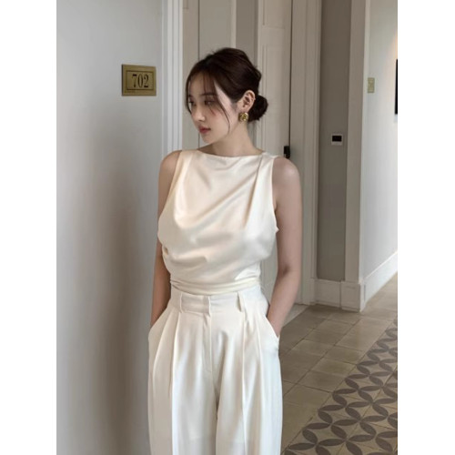 韓國chic夏季法式小心機露背設計感綁帶蝴蝶結褶皺百搭背心襯衫女