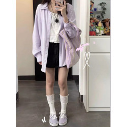 淡紫色純色長袖襯衫外套女夏季2026新款寬鬆高級感法式防曬服襯衣