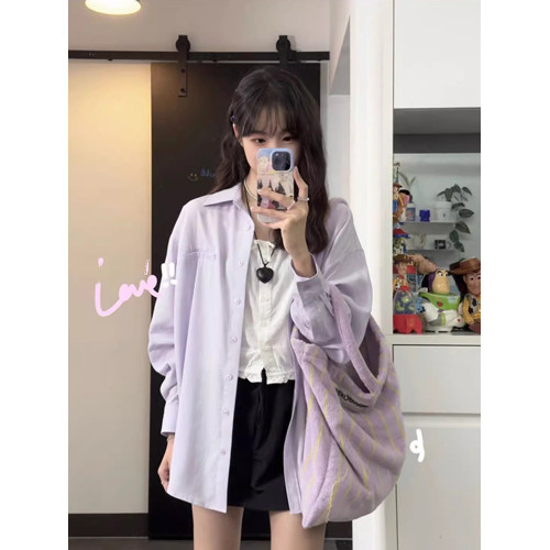 淡紫色純色長袖襯衫外套女夏季2026新款寬鬆高級感法式防曬服襯衣