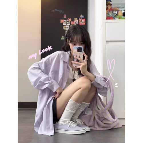 淡紫色純色長袖襯衫外套女夏季2026新款寬鬆高級感法式防曬服襯衣
