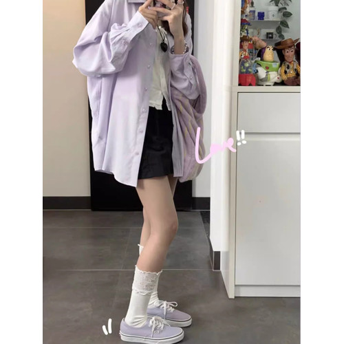 淡紫色純色長袖襯衫外套女夏季2026新款寬鬆高級感法式防曬服襯衣