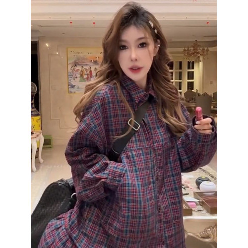 大碼300斤胖mm復古風格子襯衫女秋冬新款長袖寬鬆POLO領加絨上衣