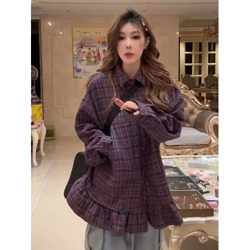 大碼300斤胖mm復古風格子襯衫女秋冬新款長袖寬鬆POLO領加絨上衣