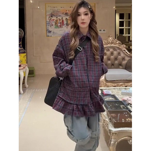 大碼300斤胖mm復古風格子襯衫女秋冬新款長袖寬鬆POLO領加絨上衣