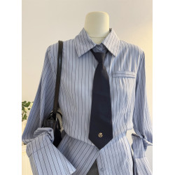 港風復古藍色條紋襯衫女長袖2026新款春季領帶設計感收腰修身襯衣