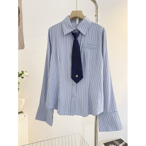 港風復古藍色條紋襯衫女長袖2026新款春季領帶設計感收腰修身襯衣