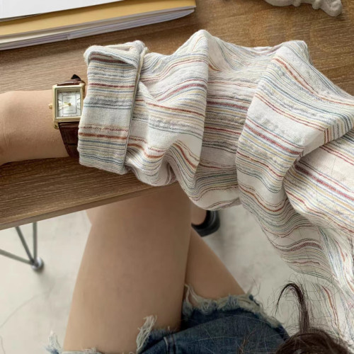 大碼胖妹妹慵懶風長袖襯衫防曬外套女復古條紋襯衣寬鬆顯瘦上衣夏