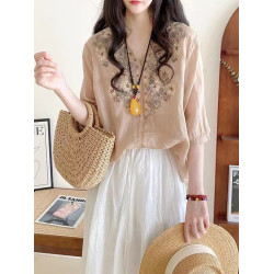 寬鬆襯衫夏2026年文藝通勤娃娃衫中袖V領綉花新款套頭女上衣棉麻