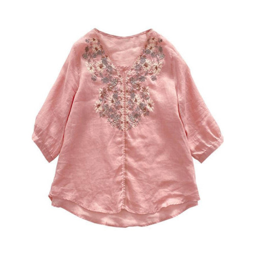 寬鬆襯衫夏2026年文藝通勤娃娃衫中袖V領綉花新款套頭女上衣棉麻