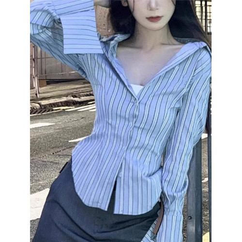 法式POLO領藍色條紋襯衫女早春季設計感小衆修身襯衣小衫收腰上衣