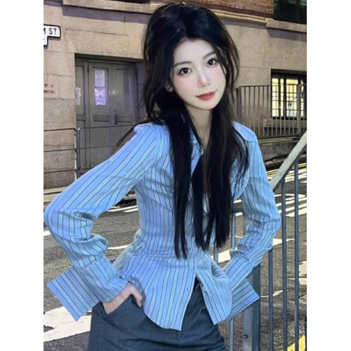 法式POLO領藍色條紋襯衫女早春季設計感小衆修身襯衣小衫收腰上衣