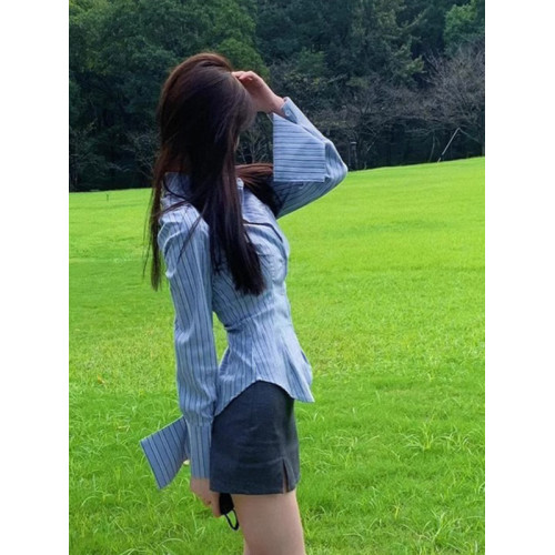 法式POLO領藍色條紋襯衫女早春季設計感小衆修身襯衣小衫收腰上衣