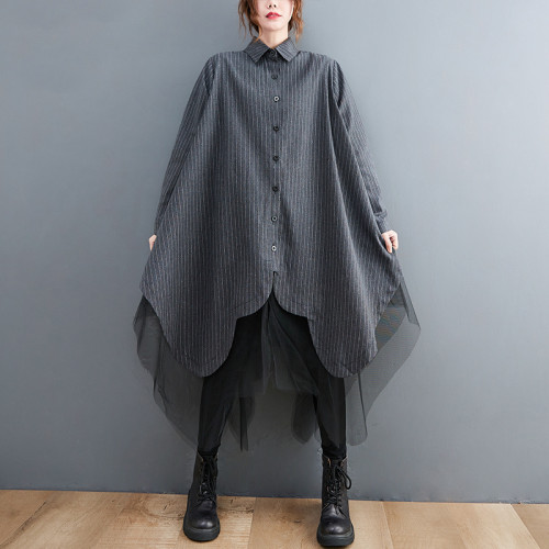 大碼女裝胖妹妹秋裝寬鬆時尚條紋拼接雙層網紗襯衣中長款襯衫外套