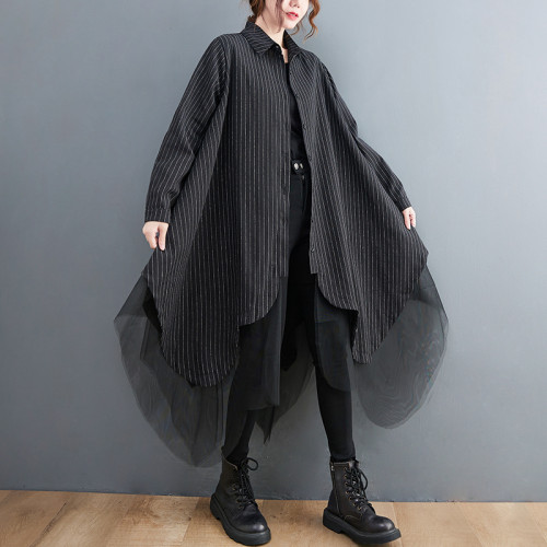 大碼女裝胖妹妹秋裝寬鬆時尚條紋拼接雙層網紗襯衣中長款襯衫外套