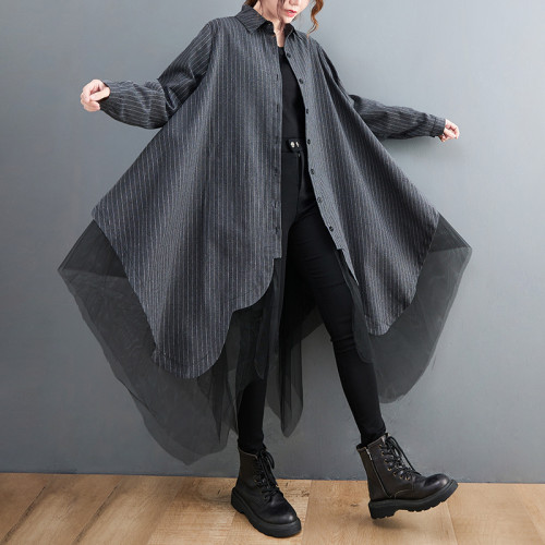 大碼女裝胖妹妹秋裝寬鬆時尚條紋拼接雙層網紗襯衣中長款襯衫外套