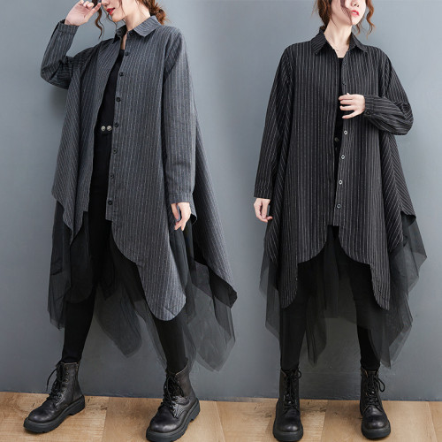 大碼女裝胖妹妹秋裝寬鬆時尚條紋拼接雙層網紗襯衣中長款襯衫外套