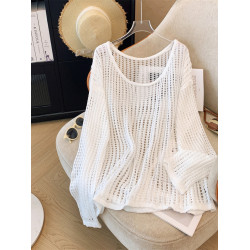 專櫃撤廻！一線大牌寬鬆圓領鏤空設計感防曬罩衫針織長袖上衣女