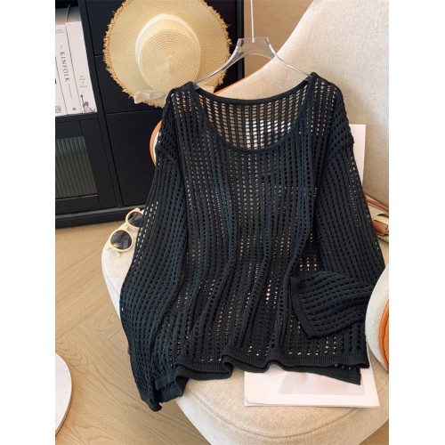 專櫃撤廻！一線大牌寬鬆圓領鏤空設計感防曬罩衫針織長袖上衣女