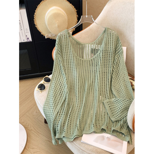 專櫃撤廻！一線大牌寬鬆圓領鏤空設計感防曬罩衫針織長袖上衣女