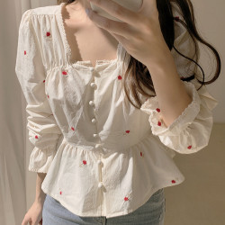 別致法式設計感小碎花襯衫女早春氣質收腰短款方領長袖上衣泡泡袖
