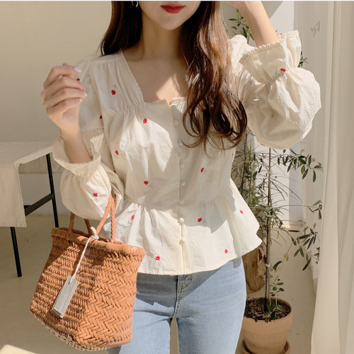 別致法式設計感小碎花襯衫女早春氣質收腰短款方領長袖上衣泡泡袖