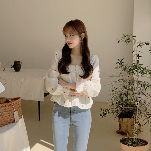 別致法式設計感小碎花襯衫女早春氣質收腰短款方領長袖上衣泡泡袖