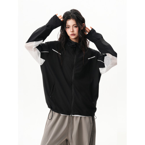 冰絲涼感速乾防曬衣女男2025夏boxy薄款透氣上衣戶外拼接運動外套