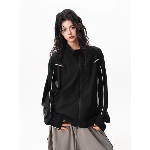 冰絲涼感速乾防曬衣女男2025夏boxy薄款透氣上衣戶外拼接運動外套