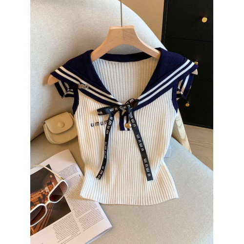 專櫃撤廻剪標字母刺綉針織背心女夏季新款蝴蝶結系帶披肩短款上衣