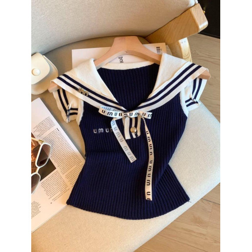 專櫃撤廻剪標字母刺綉針織背心女夏季新款蝴蝶結系帶披肩短款上衣