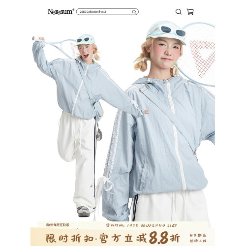 NERESUM戶外輕薄透氣蝴蝶結條紋防曬衣女夏季速乾運動防曬服外套