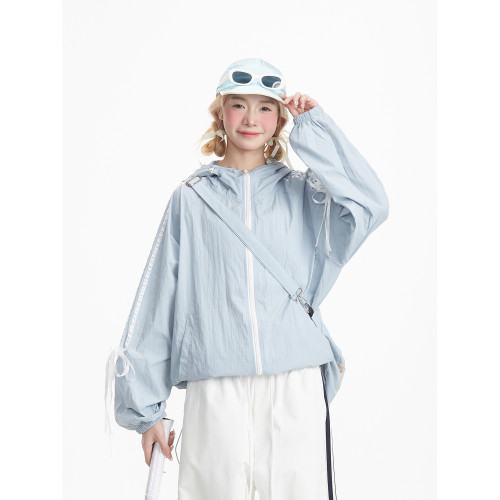 NERESUM戶外輕薄透氣蝴蝶結條紋防曬衣女夏季速乾運動防曬服外套