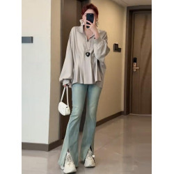 大碼寬鬆遮肉襯衫女春季胖mm顯瘦襯衣設計感小衆法式赫本風上衣