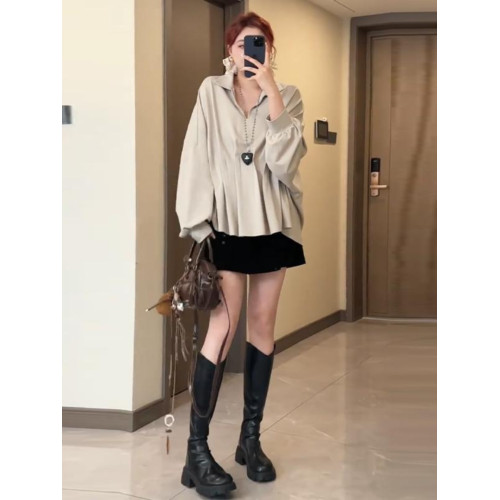 大碼寬鬆遮肉襯衫女春季胖mm顯瘦襯衣設計感小衆法式赫本風上衣