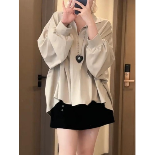 大碼寬鬆遮肉襯衫女春季胖mm顯瘦襯衣設計感小衆法式赫本風上衣