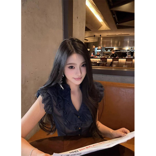 Turn right/陳大腿 法式氣質性感多層次襯衫女黑色木耳邊設計上衣