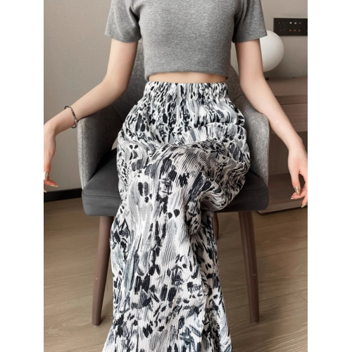 夏季薄款女褲新款2024別致設計感小衆休閒花色甜酷冰絲濶腿褲子女