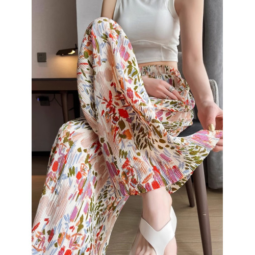 夏季薄款女褲新款2024別致設計感小衆休閒花色甜酷冰絲濶腿褲子女