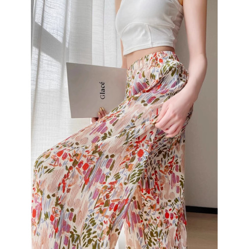 夏季薄款女褲新款2024別致設計感小衆休閒花色甜酷冰絲濶腿褲子女